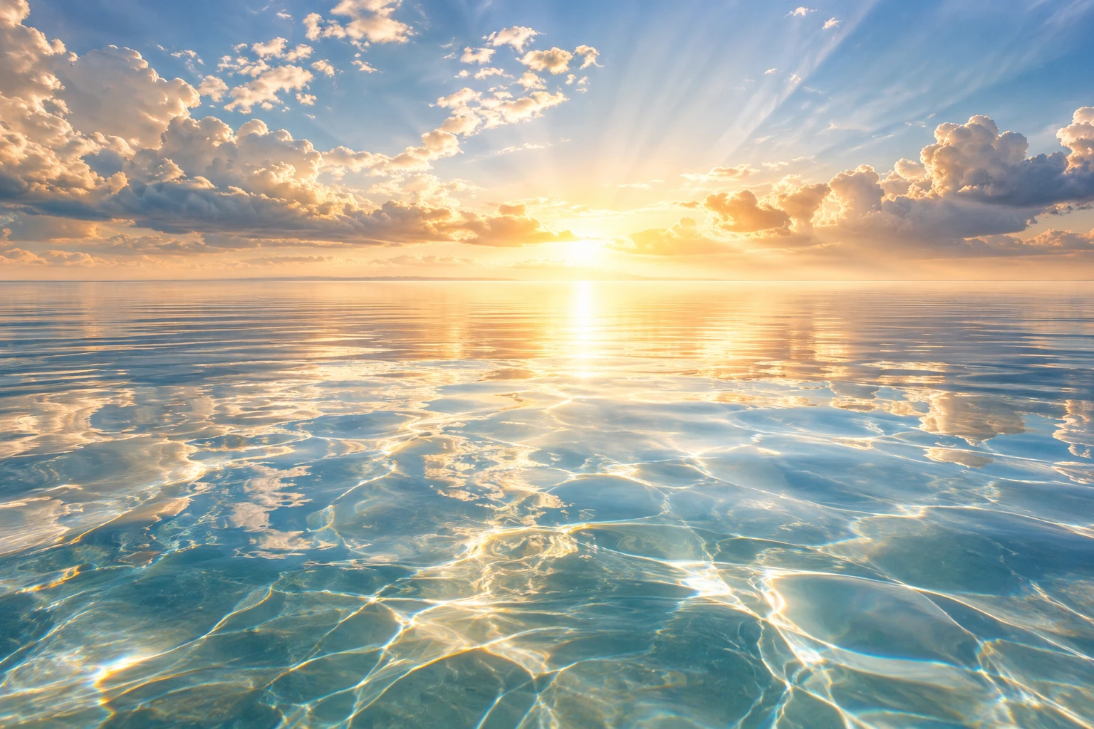 The sun rising over a calm, glassy sea